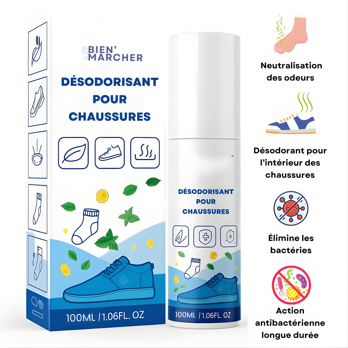 Bienmarcher™ – Spray désodorisant pour chaussures 100 ml, fraîcheur durable garantie