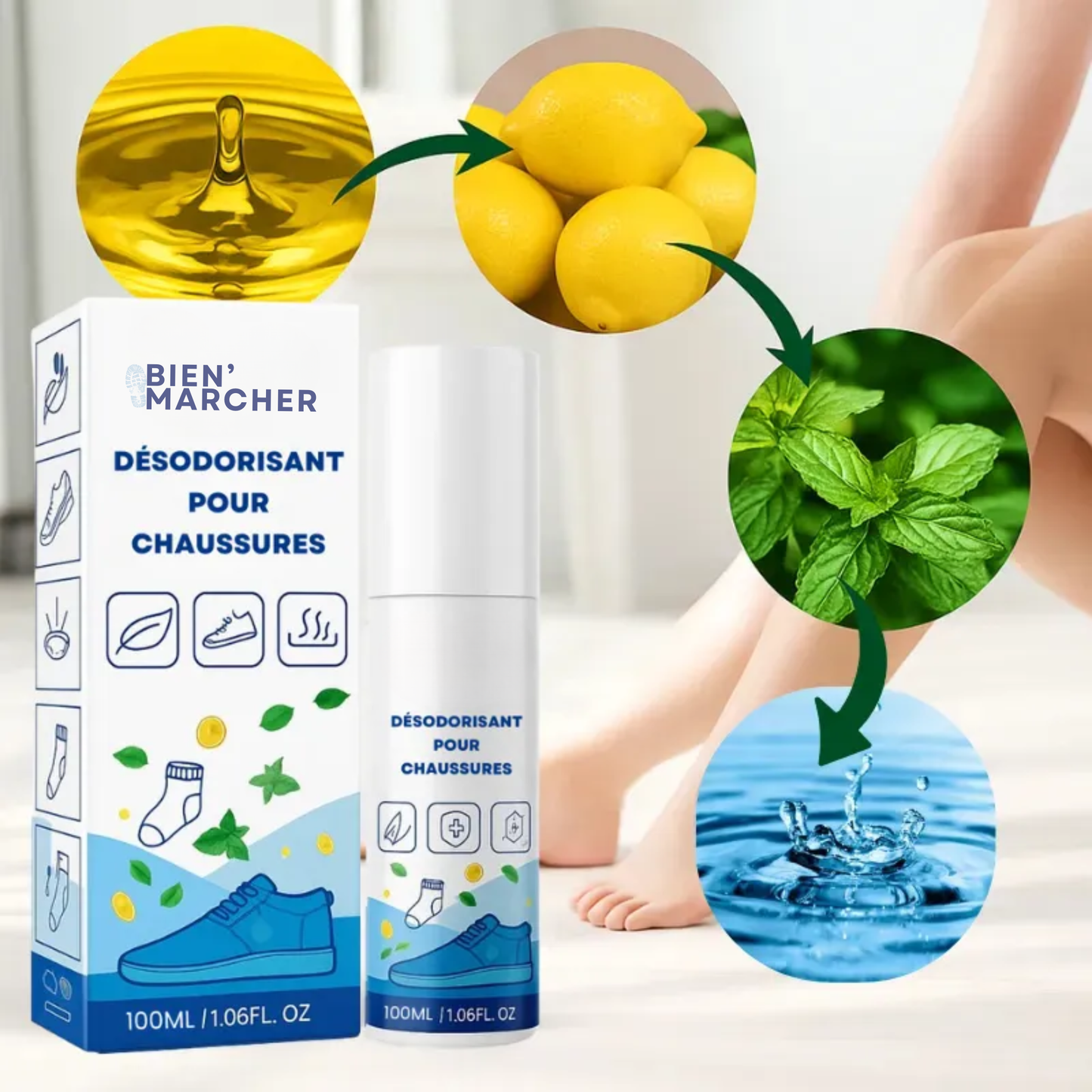 Bienmarcher™ – Spray désodorisant pour chaussures 100 ml, fraîcheur durable garantie